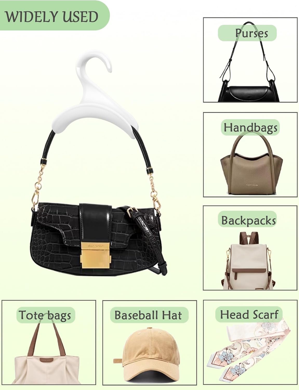 Purse-Hanger-for-Closet-Set-of-2-Bag-Organizer White Purse Hanger for Closet holding a leather handbag on a wardrobe rail