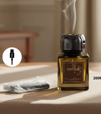 Luxury 200ml transparent reed diffuser bottle with black reeds on a modern table.