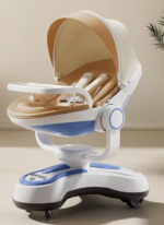 Multi-functional 2-in-1 baby rocker and bouncer with remote control and safety harness.