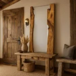 Large handcrafted full-length mirror with natural live edge olive wood frame standing in a modern bedroom.