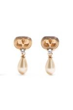 Valentino Garavani Ovalette earrings featuring gold-tone VLogo, Swarovski crystals, and pearl drops.