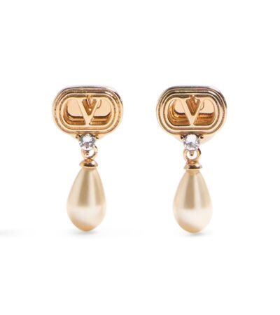 Valentino Garavani Ovalette earrings featuring gold-tone VLogo, Swarovski crystals, and pearl drops.
