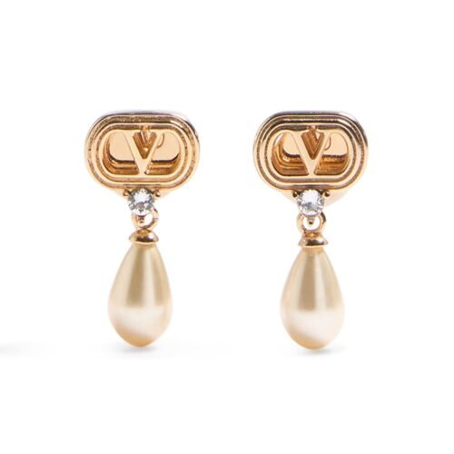 Valentino Garavani Ovalette earrings featuring gold-tone VLogo, Swarovski crystals, and pearl drops.