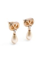 Valentino Garavani Ovalette earrings featuring gold-tone VLogo, Swarovski crystals, and pearl drops.