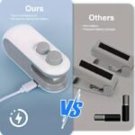 Handheld white mini bag sealer with USB-C port sealing a plastic potato chip bag.