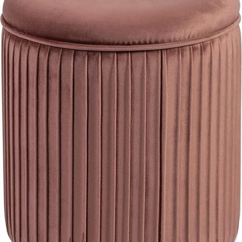 Round rose gold velvet ottoman with a unique pleated wrinkle design and plush padded top.