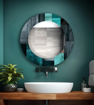 39x39 inch abstract black and green tempered glass wall mirror for modern bathroom