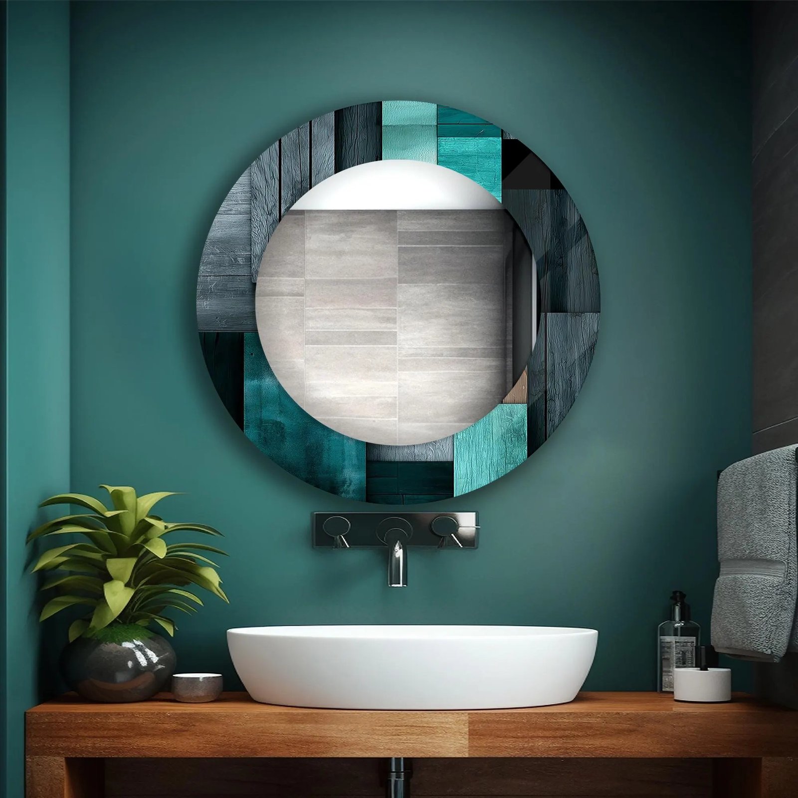abstract-black-green-tempered-glass-mirror-front-view 39x39 inch abstract black and green tempered glass wall mirror for modern bathroom