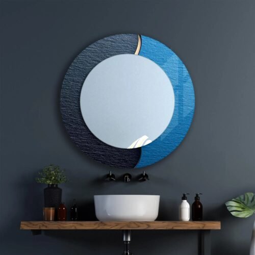 A collage showing horizontal, round, and vertical full-length mirrors with mandala and blue abstract UV-printed designs on tempered glass.