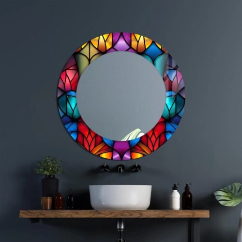 A 39.3-inch square tempered glass wall mirror with a vivid UV-printed design and polished edges.