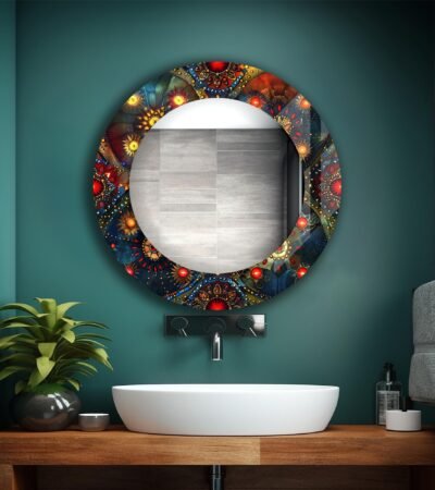 Large square wall mirror with a colourful mandala UV-printed border on 4 mm tempered safety glass.