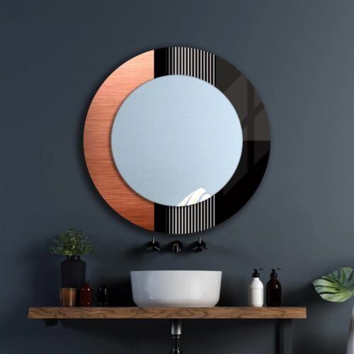 A 39x39 inch round wall mirror featuring a vibrant UV printed frame on 4mm tempered safety glass.