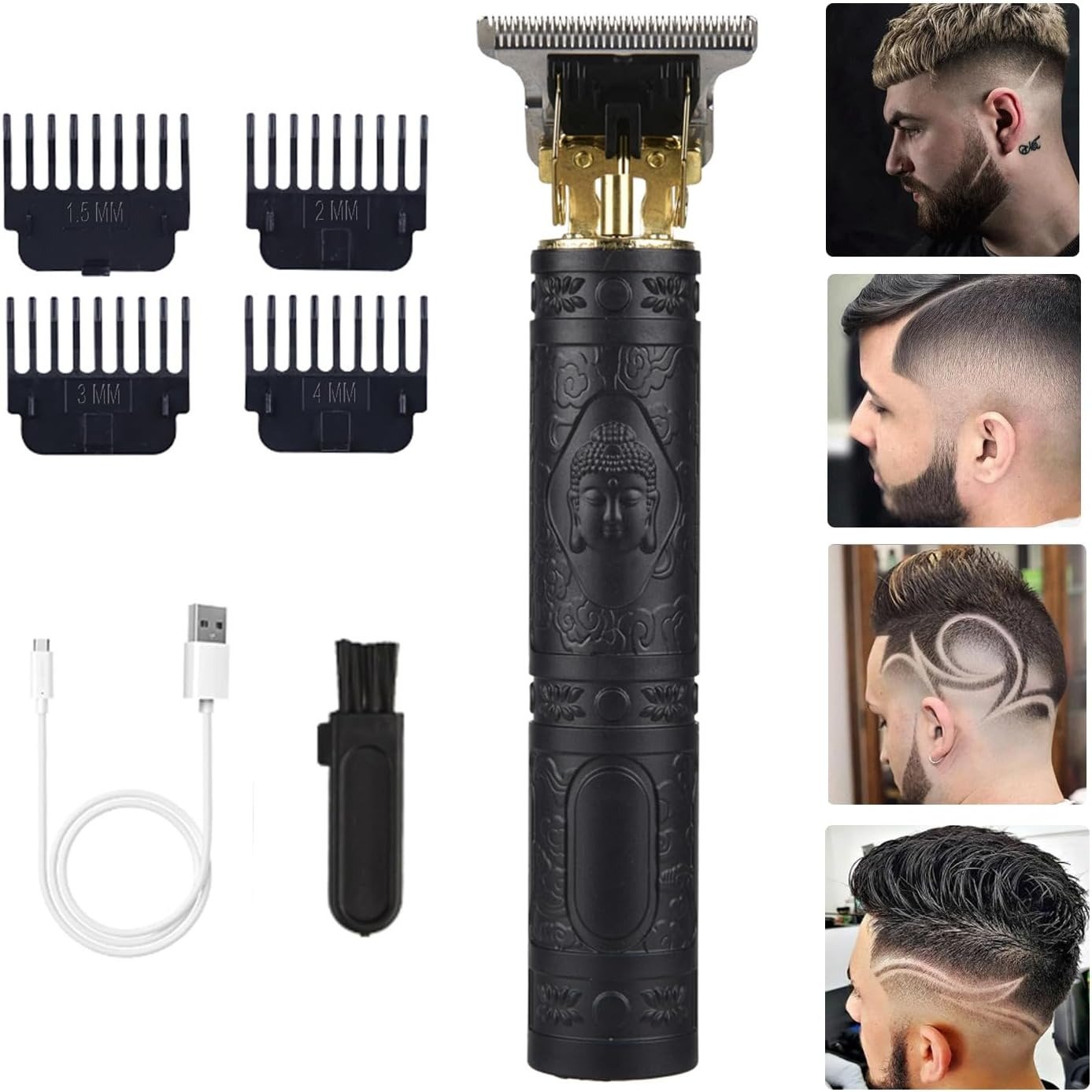 مجموعة ماكينة حلاقة شعر احترافية سوداء بشفرة على شكل حرف T Close-up of a black T-style zero-gap hair clipper with stainless steel blades and guide combs.