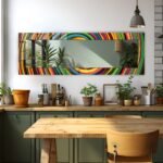 Vertical tempered glass wall mirror with a colourful abstract swirl-pattern frame on a marble wall