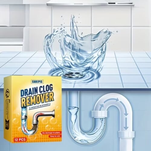 Box of EAREPIS Drain Clog Remover Tablets next to a graphic showing clear water flow through a pipe.