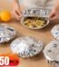 A pack of 50 silver reusable aluminum foil elastic covers for food preservation.