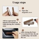 Round wooden car essential oil diffuser with magnetic lid and silicone-protected vent clip.