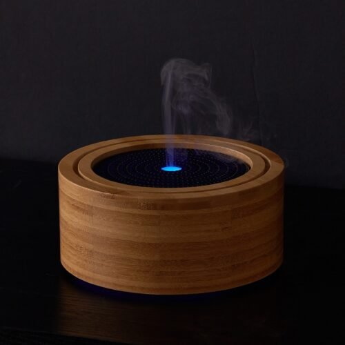 Round bamboo diffuser with blue LED light emitting mist