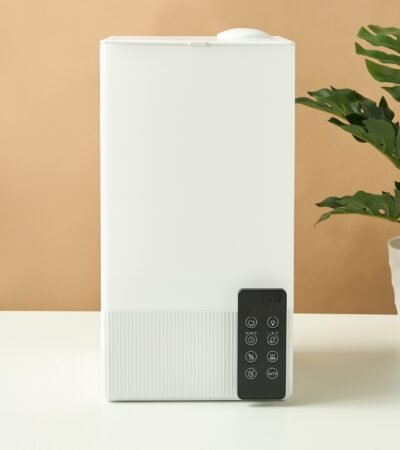 Large white electrical aroma humidifier with remote control, 38.5cm height.