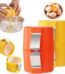 A yellow and orange Stainless Steel Eggshell Separator tool showing how it cracks and separates eggs.