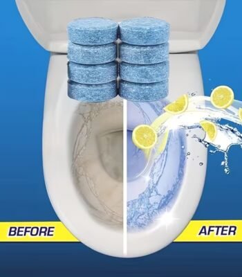 Stack of blue Automatic Toilet Descaling Tablets in a modern bathroom setting.