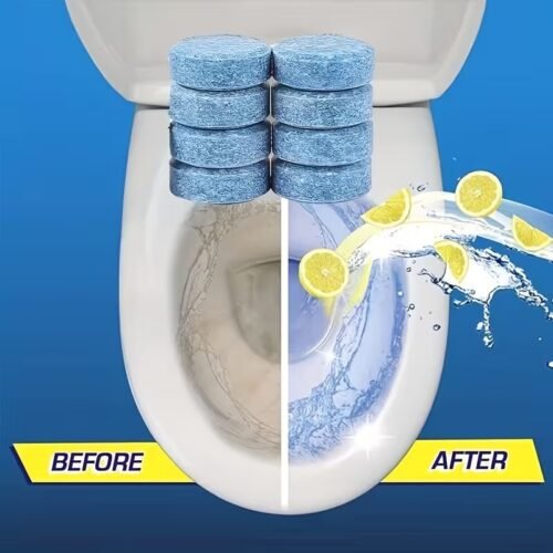 Stack of blue Automatic Toilet Descaling Tablets in a modern bathroom setting.