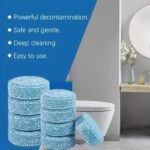 Stack of blue Automatic Toilet Descaling Tablets in a modern bathroom setting.