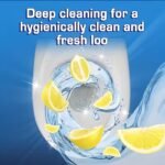 Stack of blue Automatic Toilet Descaling Tablets in a modern bathroom setting.