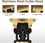 Close-up of a black T-style zero-gap hair clipper with stainless steel blades and guide combs.