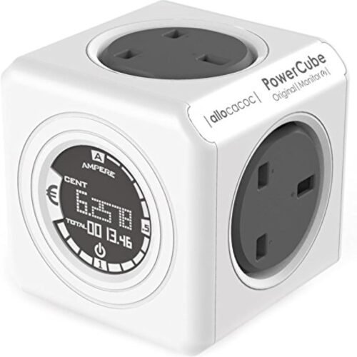 Smart energy monitor plug featuring E-ink screen showing monetary cost and touch power switch.