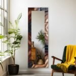 Large 59-inch rectangular tempered glass mirror with custom HD UV print and steel hangers.