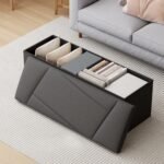 ZETDIY 43-inch black faux linen storage ottoman bench at the foot of a bed