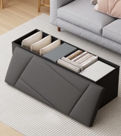 ZETDIY 43-inch black faux linen storage ottoman bench at the foot of a bed