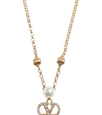 The Valentino Garavani VLogo Signature necklace featuring a pearl and Swarovski crystal pendant on a gold-tone chain.