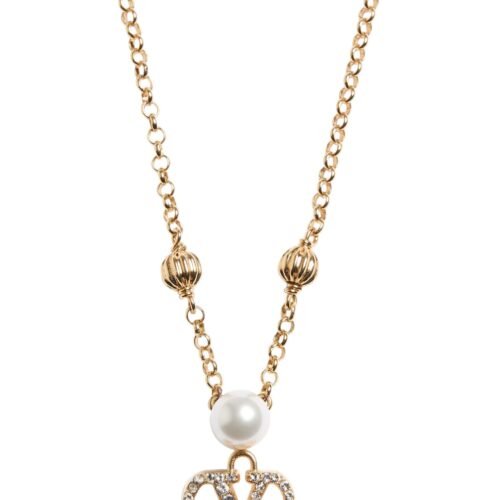 The Valentino Garavani VLogo Signature necklace featuring a pearl and Swarovski crystal pendant on a gold-tone chain.