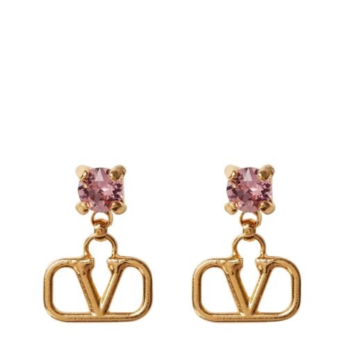 Close-up of Valentino Garavani VLogo earrings in gold-tone metal with rhinestones