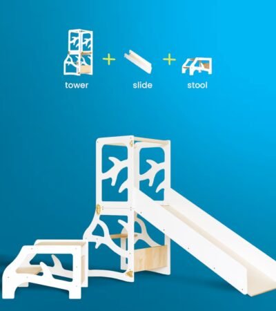 Convertible 3-in-1 kids learning tower shown in stool, desk, and slide positions made of natural birch plywood.