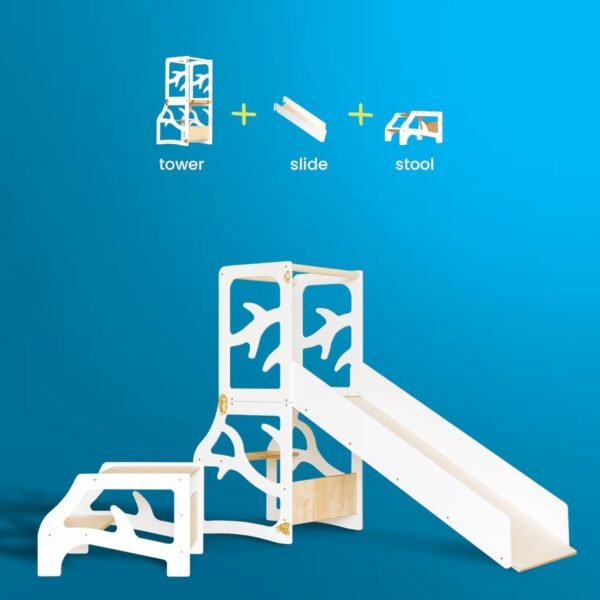 Convertible 3-in-1 kids learning tower shown in stool, desk, and slide positions made of natural birch plywood.