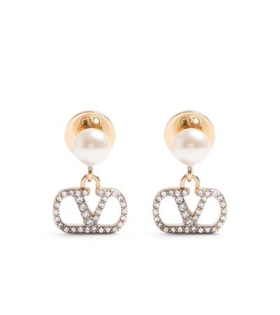 Valentino Garavani VLogo Signature earrings featuring pearls and Swarovski crystals on gold-tone metal.