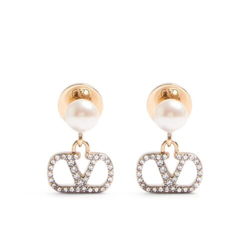 Valentino Garavani VLogo Signature earrings featuring pearls and Swarovski crystals on gold-tone metal.