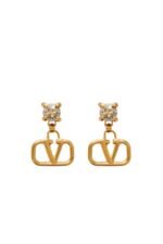 Pair of Valentino Garavani VLogo earrings in 18kt gold-plated brass with Swarovski crystal studs.
