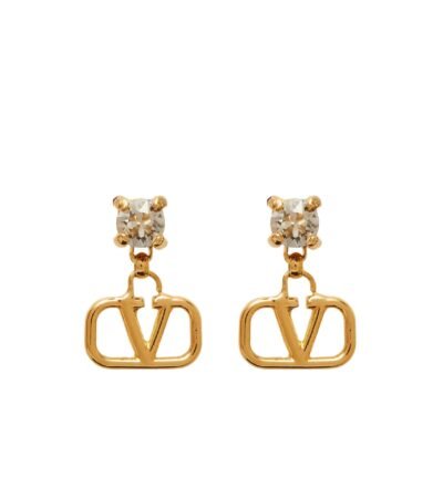 Pair of Valentino Garavani VLogo earrings in 18kt gold-plated brass with Swarovski crystal studs.
