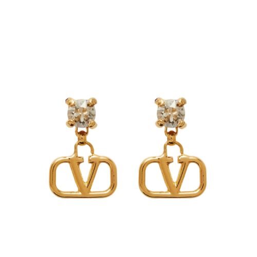 Pair of Valentino Garavani VLogo earrings in 18kt gold-plated brass with Swarovski crystal studs.