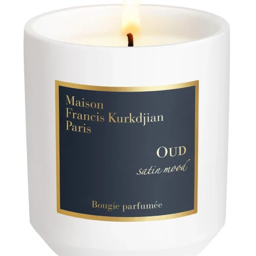 Maison Francis Kurkdjian Oud Satin Mood scented candle in a glass jar.