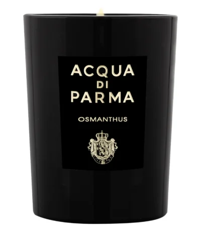 Acqua di Parma Osmanthus candle in a luxury black glass jar with gold lettering.