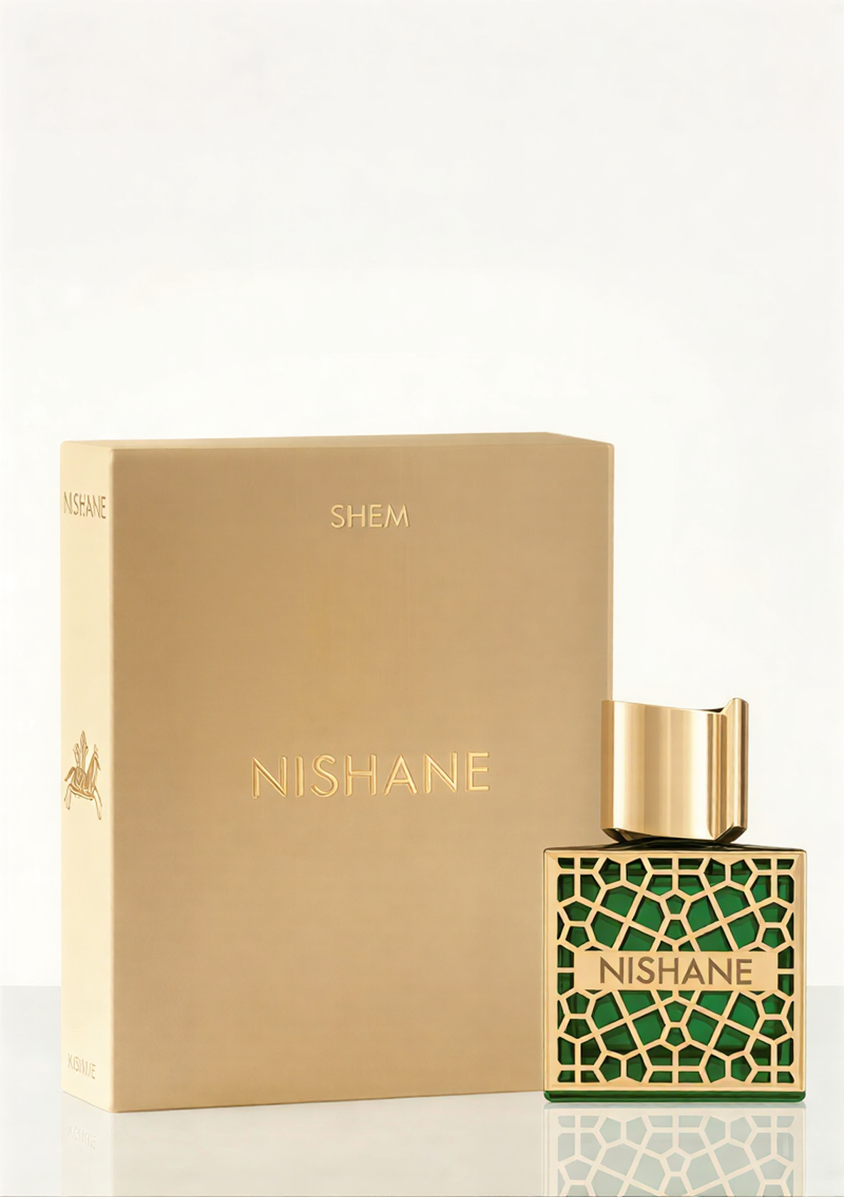 Nishane-Shem-Extrait-de-Parfum-50ml Gold-labeled bottle of Nishane Shem Extrait de Parfum with black cap.