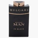 Bvlgari Man In Black 100ml matte black perfume bottle with gold accents.