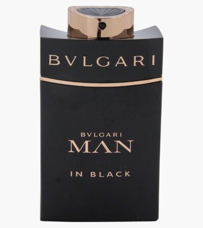 Bvlgari Man In Black 100ml matte black perfume bottle with gold accents.