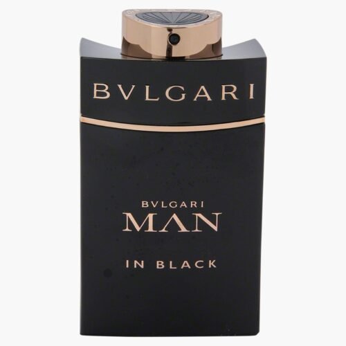 Bvlgari Man In Black 100ml matte black perfume bottle with gold accents.