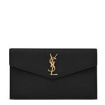 Front view of Saint Laurent Uptown Pouch in black grained leather with gold YSL logo